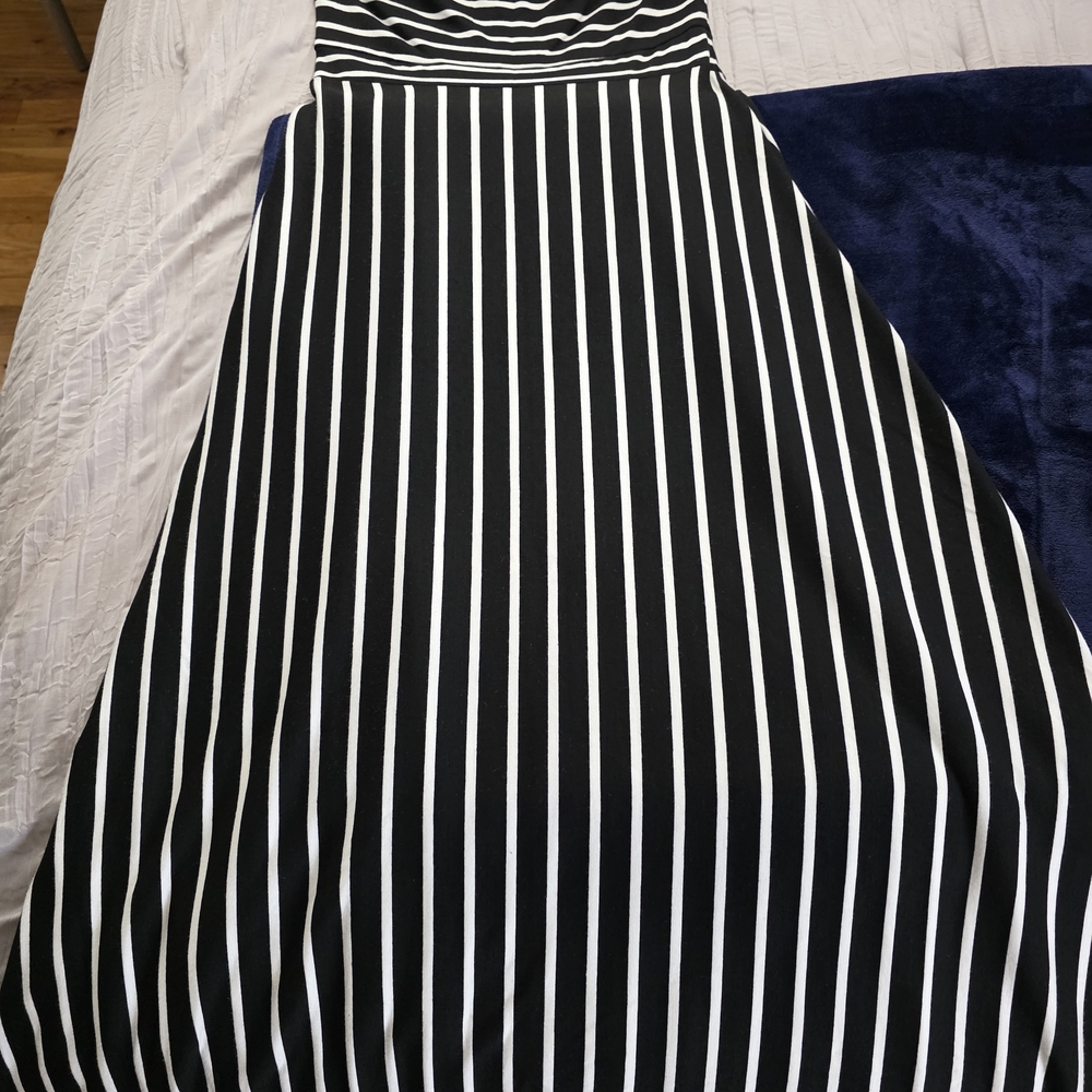 Strapless Black and White Striped Maxi Dress